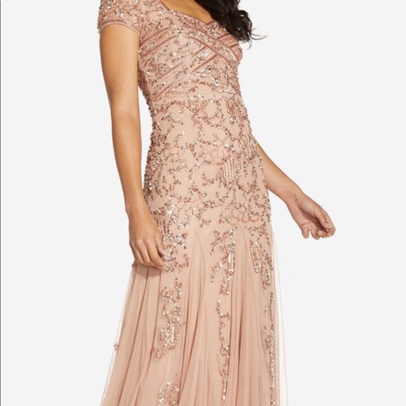 Adrianna Papell LONG BEADED DRESS WITH CAP SLEEVES IN Rose Gold - Picture 2 of 7
